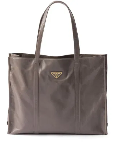 Prada Leather Tote Bag In Grey