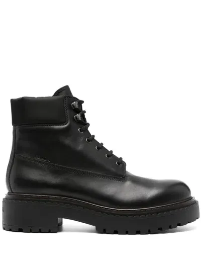 Prada Leather Work Boots In Black