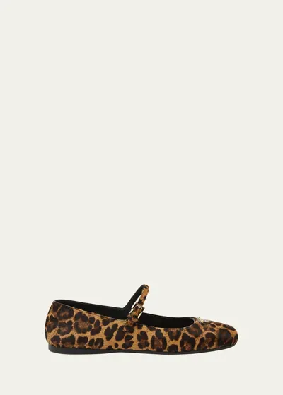 Prada Leopard Mary Jane Ballerina Flats In Cream