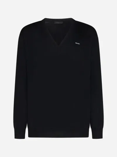 Prada Logo Cotton Sweater In Black