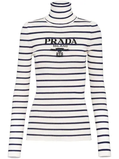 Prada Striped Intarsia Knit-logo Roll Neck Jumper In White