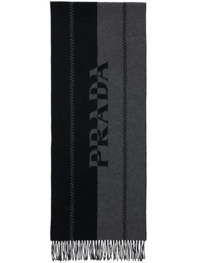 Prada Logo-jacquard Wool Scarf In Grey