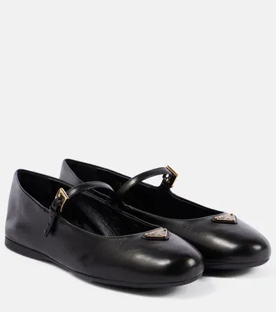 Prada Logo Leather Mary Jane Flats In Black