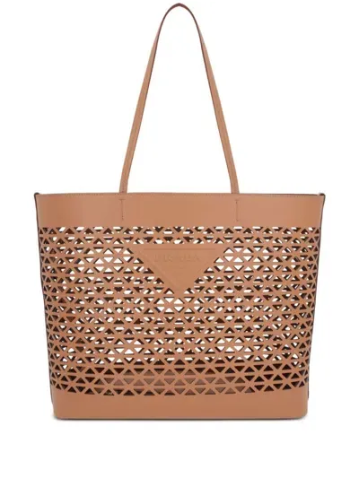 Prada Logo-perforated Tote Bag In Beige