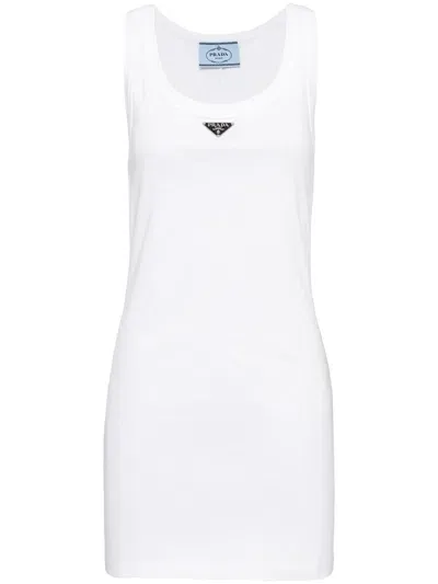 Prada Logo-plaque Ribbed-knit Minidress In White