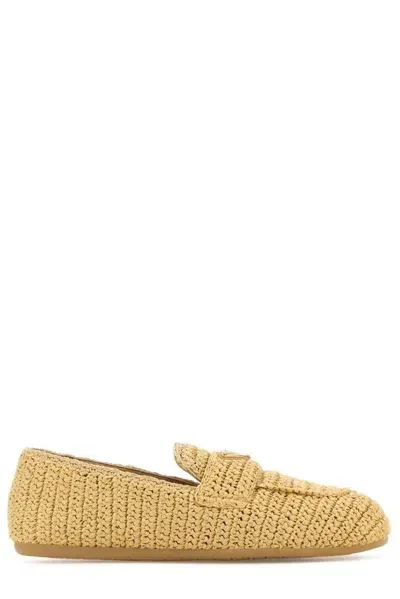 Prada Womens Neutral Logo-plaque Slip-on Woven Loafers In Yellow