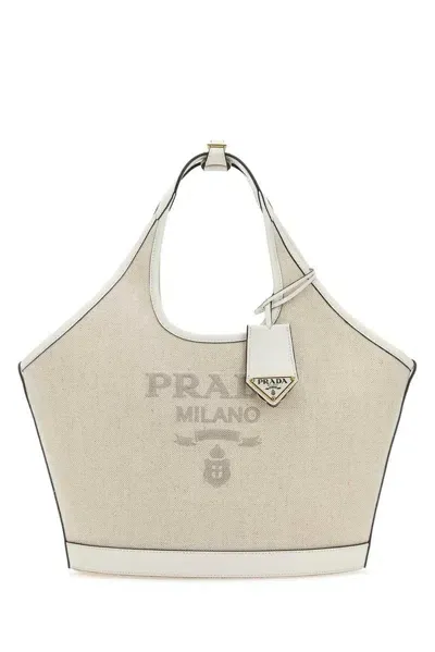 Prada Logo Printed Medium Top Handle Bag In Beige