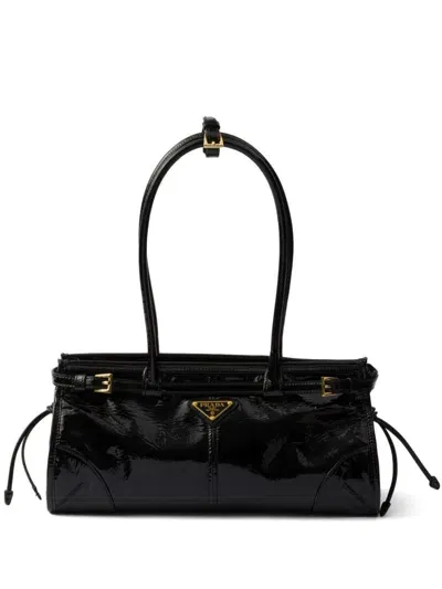 Prada Enamel Triangle-logo Leather Tote Bag In Black