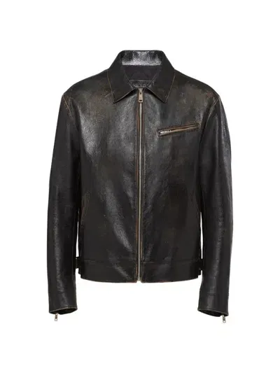 Prada Triangle-logo Leather Bomber Jacket In Black