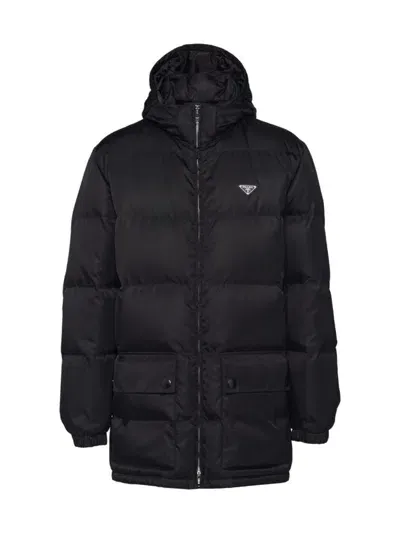 Prada Long Re-nylon Down Jacket In Black