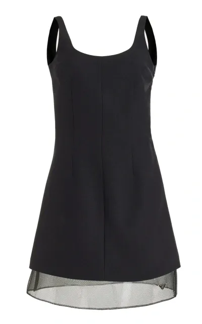 Prada Mesh-trimmed Wool Mini Dress In Black