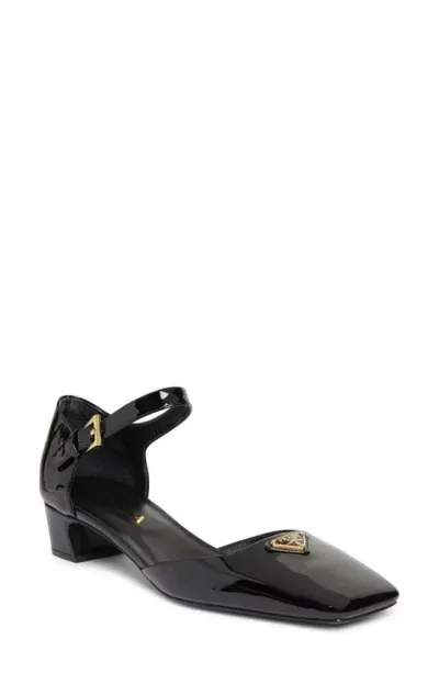 Prada Ankle Strap Patent Ballerina Pump In Black