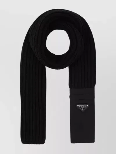 Prada Ribbed Knit Wool Scarf In Black