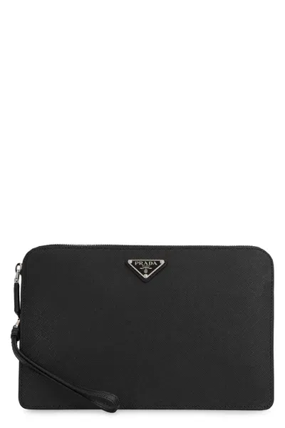 Prada Saffiano Leather Pouch In Black