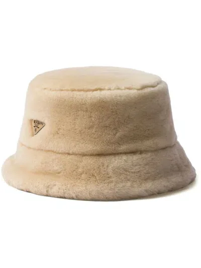 Prada Shearling Bucket Hat In Neutrals