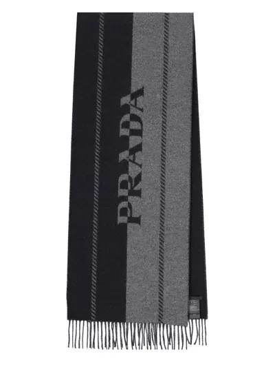 Prada Small Jacquard Logo Scarf In Gray