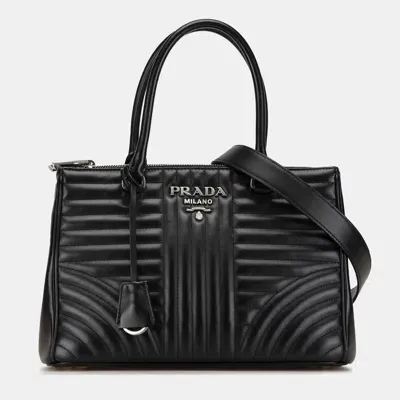 Pre-owned Prada Soft Calf Impunture Diagramme Double Zip Tote In Black