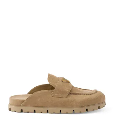 Prada Triangle-logo Suede Slippers In Nude