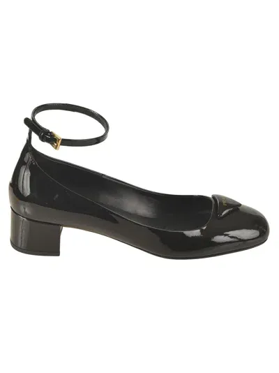 Prada Logo Printed Round-toe Flat Shoes In Black