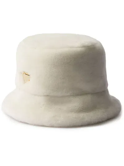 Prada Triangle-logo Shearling Bucket Hat In White