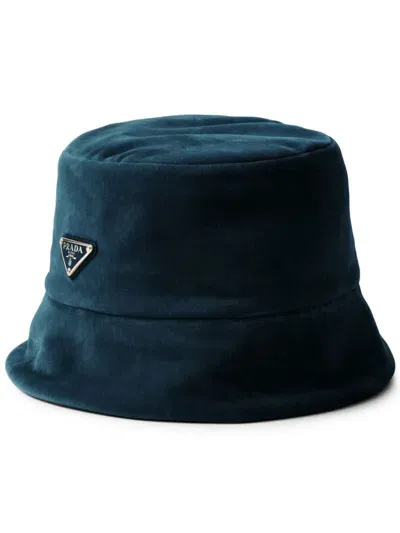 Prada Velvet Bucket Hat In Green