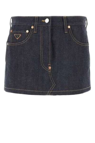 Prada Triangle-logo Denim Miniskirt In Blue