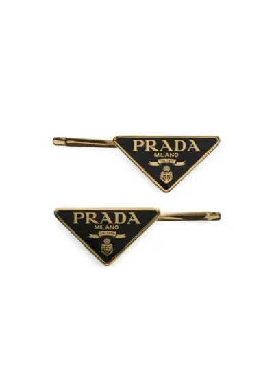 Prada Triangle-logo Hair Clips (set Of Two) In Black Gold