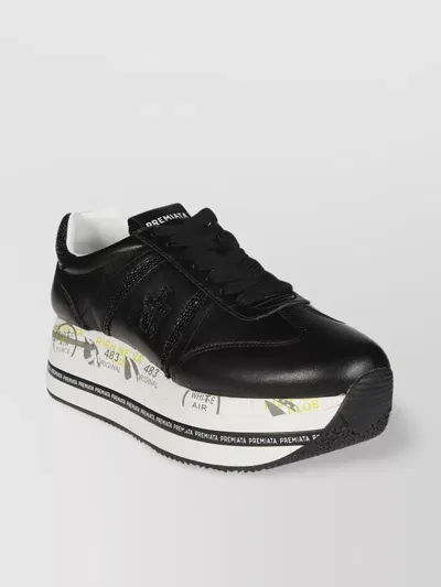 Premiata Low-top Leather Sneakers Embossed Detail In Black