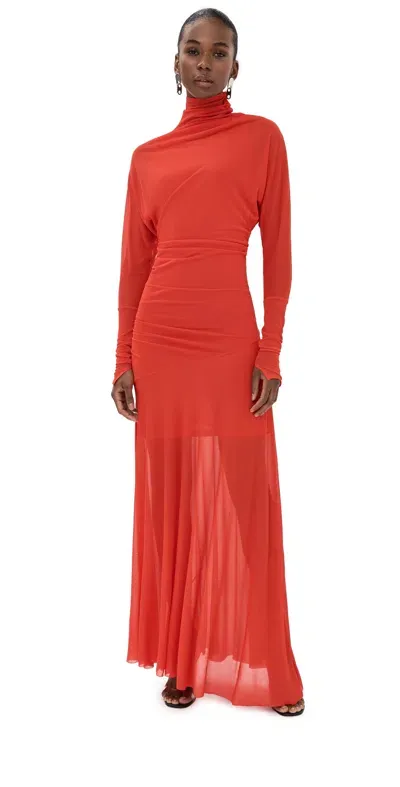 Proenza Schouler Paula Sheer Crepe High Neck Long Dress In Red