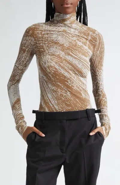 Proenza Schouler Rio Mock Neck Long Sleeve Tulle Top In Wood