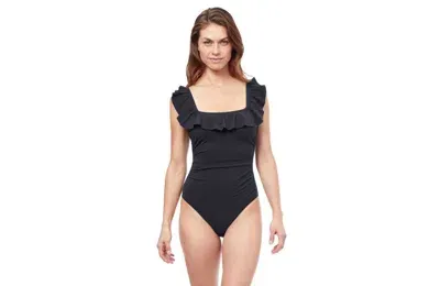 Profile By Gottex Tutti Frutti Square Neck Ruffle One Piece In Black