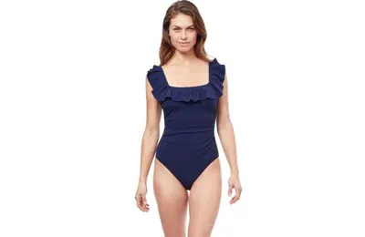 Profile By Gottex Tutti Frutti Square Neck Ruffle One Piece In Navy