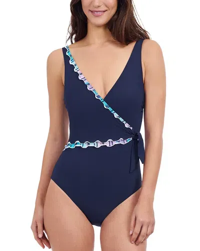 Profile By Gottex V Neck Tie Waist One Piece Swimsuit In Navy