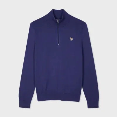 Ps By Paul Smith Dark Blue Cotton-blend Zebra Logo Half Zip Sweater