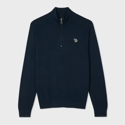 Ps By Paul Smith Dark Navy Cotton-blend Half Zip Zebra Logo Sweater Blue