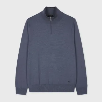 Ps By Paul Smith Washed Blue Merino Wool Half-zip Sweater