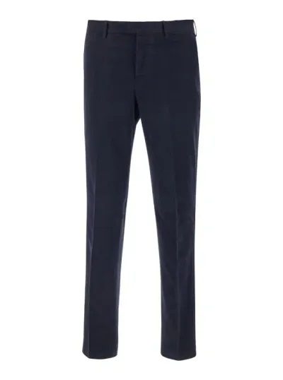 Pt Torino Dark Blue Slim Pants With Concealed Closure In Cotton