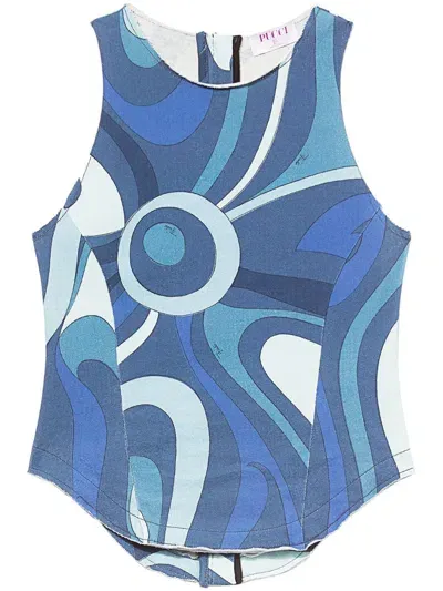 Pucci Abstract-print Panelled Cotton Top In Blue