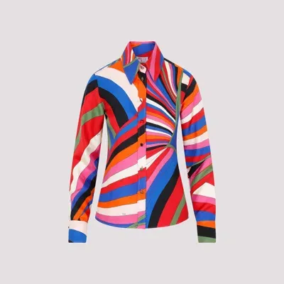 Pucci Printed Silk Long Sleeve Shirt In Blue,fuchsia