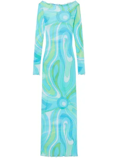 Pucci Marmo-print Semi-sheer Maxi Dress In Blue