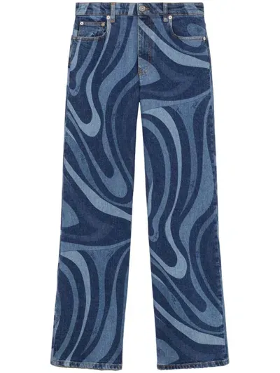 Pucci Printed Denim Mid Rise Wide Jeans In Blue,multi