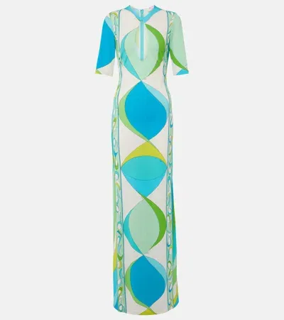 Pucci Cutout Printed Maxi Dress In Blue