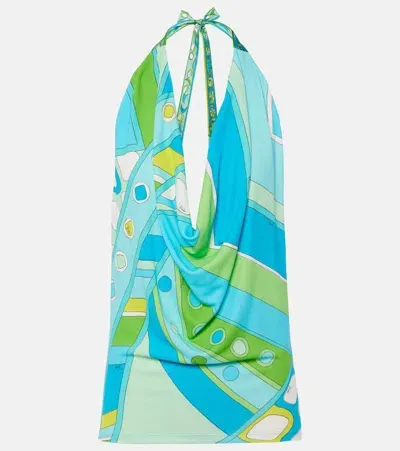 Pucci Draped Halterneck Printed Top In Blue