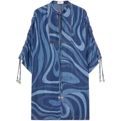 Pucci Marmo-print Denim Kaftan Dress In Blue