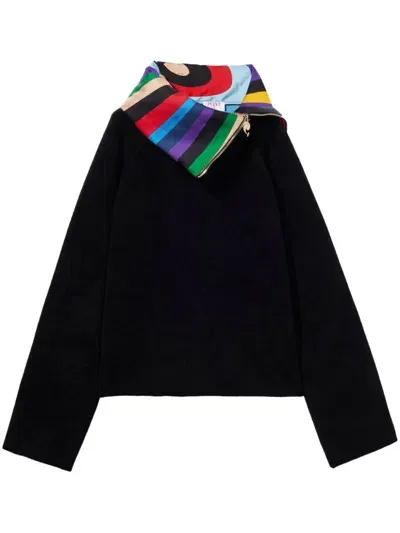 Pucci Iride-print Trim Velvet Sweater In Black