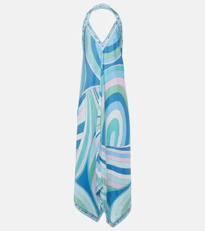 Pucci Iride-print Halterneck Silk Dress In Celeste Bianco