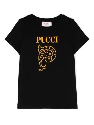 Pucci Junior Kids' Flocked-logo Cotton T-shirt In Black