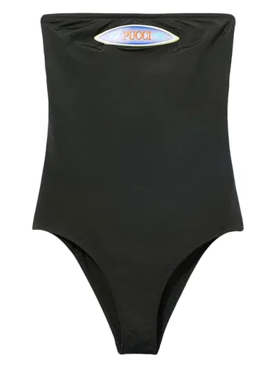 Pucci Logo-patch Strapless Swimsuit In Black