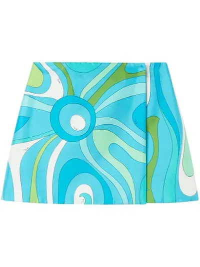 Pucci Marmo-print Silk Wrap Miniskirt In Blue