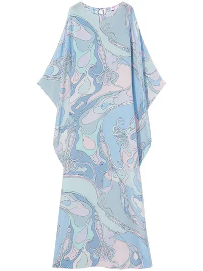 Pucci Orchidee-print Silk Kaftan In Sky Blue,pink